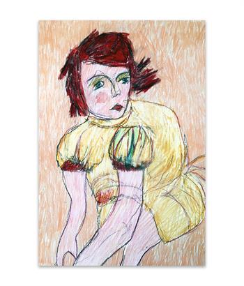 crayon and pastel drawing on paper of a redheaded woman in a yellow dress