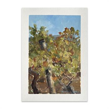 detailed small oil painting on paper of grape vines in autumn