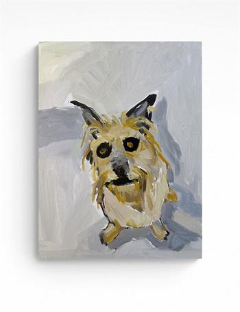 painting of a small scottie dog looking upwards