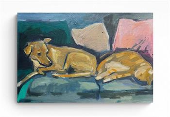 painting of a dog and cat lying on a green sofa