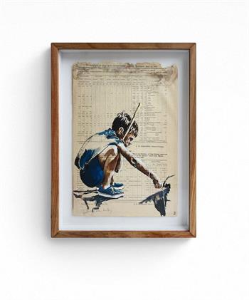 framed painting on old paper of a young boy fishing