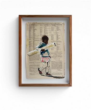 framed painting on vintage newsprint of a small child carrying a large tube