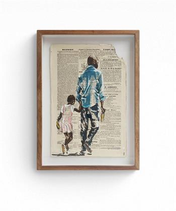 framed painting on old newsprint of a father and child