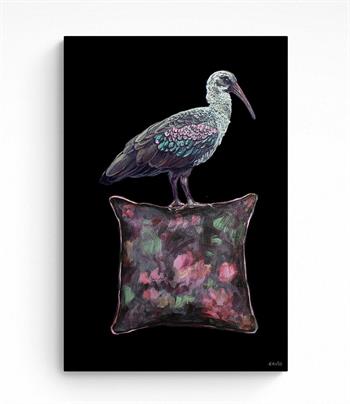 painting of a hadeda bird perched on a floral cushion