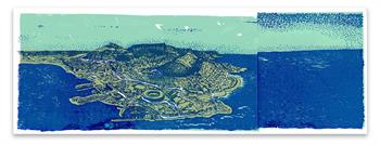 artwork depicting an aerial view of the city of Cape Town and Green Point Stadium