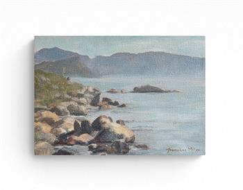 small oil painting of rocky shoreline with distant mountain view