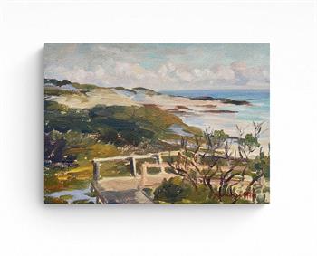 small painting of a beach boardwalk set amongst fynbos and rocks