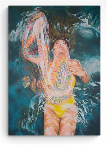 painting of a woman in a yellow swimsuit floating in water