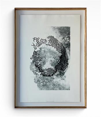 abstract black and white monotype print on paper in deep wood frame