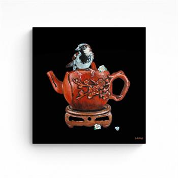 small painting of a sparrow perched on top of a red teapot