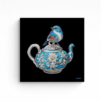 painting of a small blue bird perched on top of a blue and white teapot