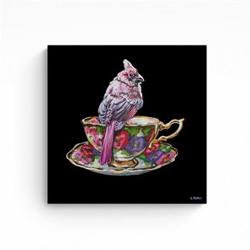 painting of a small bird perched on top of a floral teacup and saucer