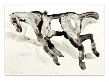 black and white painting on paper of a horse in an expressionist style