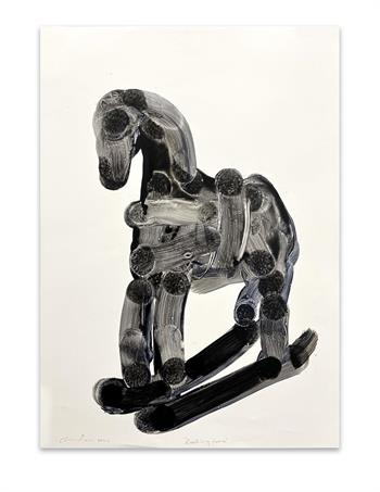 expressionistic painting on paper of a rocking horse created in black paint