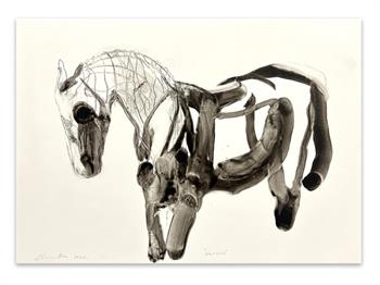 simple painting in black acrylic wash on paper of a horse wearing a harness