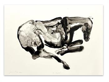 simple painting in black and white on paper of a horse laying down