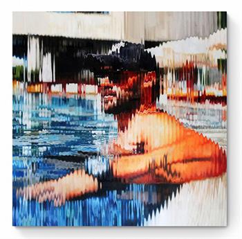 large oil painting of a bearded man wearing a peak cap lounging in a swimming pool