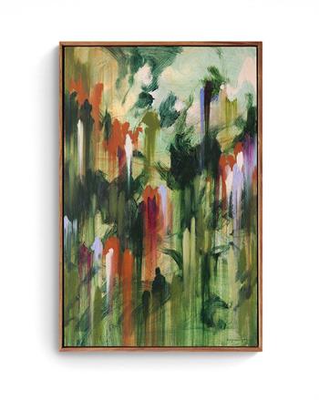 Framed abstract painting in shades of green with splotches of red