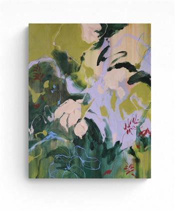 Abstract impressionist botanical painting in shades of green and pink