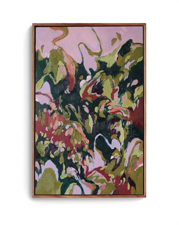 Framed abstract landscape painting in shades of pink and green