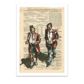 print of a painting on newspaper of two African school children