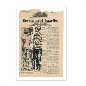 print of a painting on Government Gazette of two young men harassing another young man