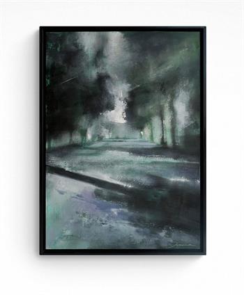 framed oil painting of the shadows of trees at dusk along the roadside