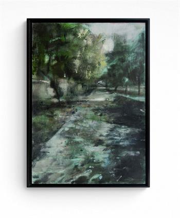 framed oil painting of the shadows on a garden path at dusk