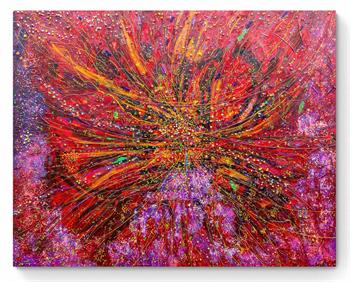 large abstract painting on canvas in shades of orange, pink and red depicting the galaxy