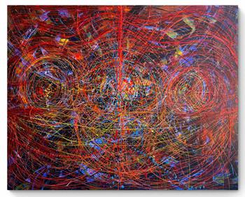 Large abstract painting featuring energetic red, orange, blue and yellow swirling lines inspired by particle physics.