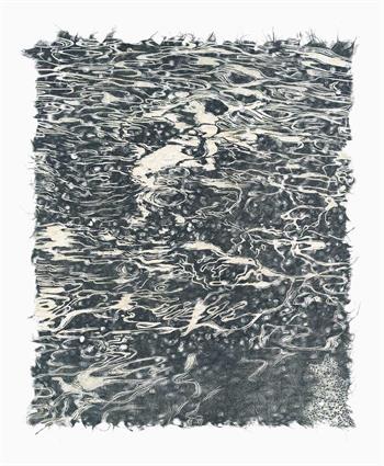 woodcut print on paper in blue of swimmer surfacing in water