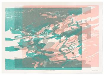 artwork on paper in pale blue and pink inspired by ripples on the water