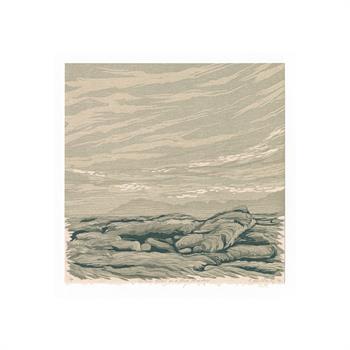 woodcut print on paper in shades of blue of coastal rocks