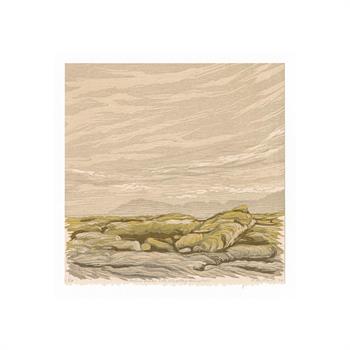 art print in sepia paper of coastal rocks with mountains in the distance