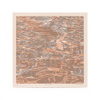 Screen print on paper in shades of orange of a swimmer underwater