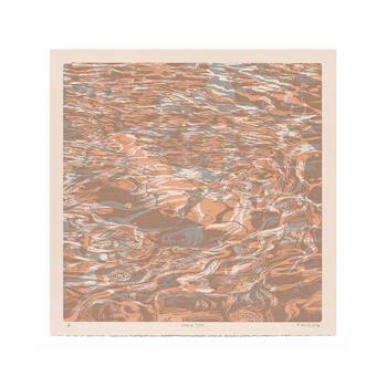 artwork on paper in shades of orange of a figure swimming underwater