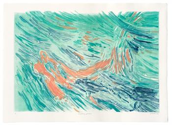 abstract waterscape artwork on paper in shades of turquoise and orange