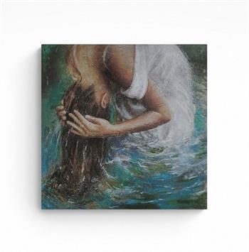 small painting of a young woman washing her hair in a river