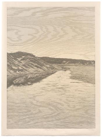 woodcut artwork in graphite on paper of a river estuary