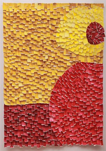 paper collage artwork in shades of yellow and red inspired by still life painting