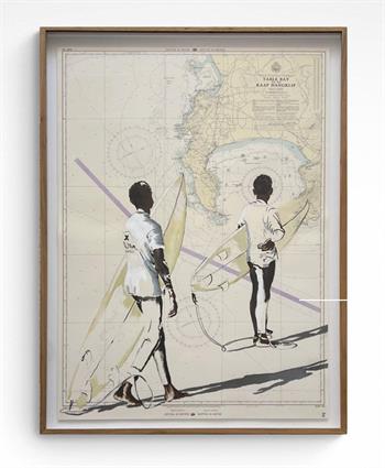 framed painting on vintage map of two surfers in Muizenberg