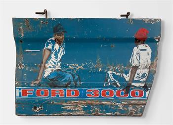 painting of two seated men on a sheet of recycled metal 