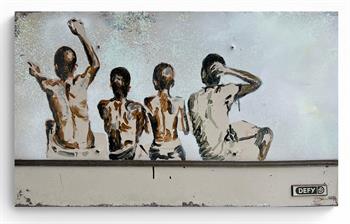 street art painting on recycled fridge door of a group of seated young boys