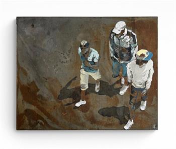 painting on recycled beehive lid of a group of men walking