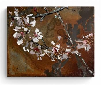 painting of flower blossoms on a discarded beehive lid