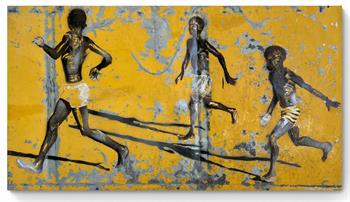 large graffiti style painting on recycled metal of 3 boys playing on a rec