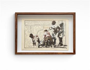 small framed painting on street map of a group of children playning