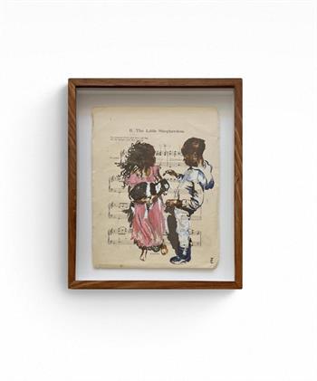 framed painting on sheet music of children holding a lamb