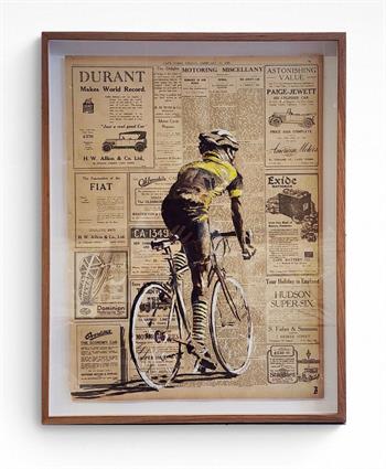 framed painting on vintage newsprint of a sports cyclist