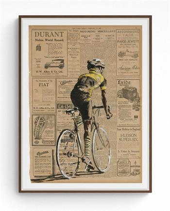 framed painting on vintage newsprint of a sports cyclist